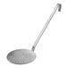 A silver Vollrath Jacob's Pride round skimmer with a metal handle and holes in the bottom.