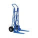 A blue Vestil steel hand truck with black wheels.