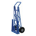 A blue Vestil steel hand truck with black wheels.
