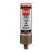 A metal Oatey Quiet Pipes hammer arrestor with a red cap on a pipe.