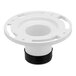 A white plastic Oatey Twist-N-Set PVC water closet flange with a black rubber ring.