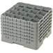 A gray plastic Cambro glass rack with 16 compartments and 6 extenders.