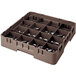 A brown plastic glass rack with 16 compartments and 6 extenders for holding and washing glassware.