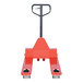 A red and black metal Vestil pallet truck with a handle and wheels.