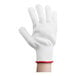 A hand wearing a white Victorinox cut resistant glove with red trim.