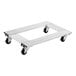 An aluminum dolly with black wheels.