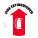 A red and white vinyl floor sign with a fire extinguisher and arrow pointing up.