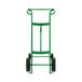 A green hand truck with black wheels.