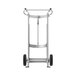 A silver hand truck with pneumatic wheels and brakes.