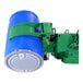 A blue and green Valley Craft drum gripped by a Hydra Grip attachment on a forklift.