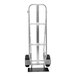 A silver hand truck with black wheels.