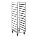 A heavy-duty aluminum bun and sheet pan rack with 12 end load slots and four caster wheels.
