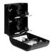 A black Compact by GP Pro toilet paper dispenser with two compartments inside.
