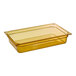 A yellow Carlisle rectangular plastic food pan with a lid.