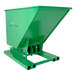 A green metal Valley Craft self-dumping hopper on wheels.