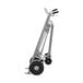 A silver hand truck with black pneumatic wheels.