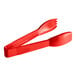 A pair of red Carlisle salad tongs with a fork and spoon handle.