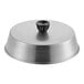 A silver aluminum pan lid with a black handle.