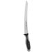 A Dexter-Russell V-Lo bread and sandwich knife with a black handle and silver scalloped blade.