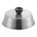A silver aluminum pan with a black round handle lid.