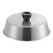 A silver aluminum round basting cover with a black handle.