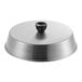 A silver aluminum basting cover with a black handle.