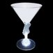 A 7 oz clear plastic martini glass with a guitar stem and a white LED light inside.