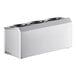 A stainless steel three compartment flatware organizer with perforated cylinders.