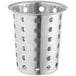 A stainless steel flatware organizer with perforated cylinders and flatware silhouettes.