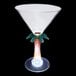 A clear plastic martini glass with a palm tree stem and a white LED light.