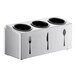 A stainless steel flatware organizer with black plastic cylinders for spoons, forks, and knives.