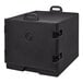 A black Cambro front loading insulated tray and sheet pan carrier with a round lock.
