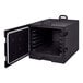 A black rectangular Cambro insulated tray/sheet pan carrier with a white door open.