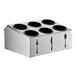 A stainless steel ServSense flatware organizer with black plastic cups holding utensils.