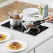 A person using an Avantco countertop induction range to cook meat in a pan.