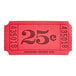 A close-up of a red 25 cent raffle ticket with black numbers.