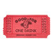 A red 1-part raffle ticket roll with black text reading "Good for One Drink"