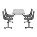 A National Public Seating Persian Blue Cluster Table with Charcoal Seats and MDF Core with chairs around it.