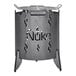 A black Nuke metal fire pit with a logo on the cover.