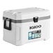 A white Igloo cooler with black comfort grip handles.