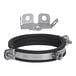 A silver and black metal Josam adjustable pipe hanger with screws.
