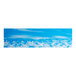 A blue graphic sign panel with a blue sky, white clouds, and a snowy mountain range.