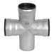 A stainless steel Josam cross fitting for pipes with black rubber.