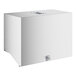 A stainless steel cover for a white metal box with a handle.