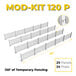 A white rectangular box with yellow and blue text for a Mod-Picket white PVC fence starter kit.