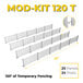 A white box with yellow and blue text for "Mod-Traditional 120' White Traditional Fence Starter Kit" containing 20 metal fence panels and 24 post connectors.