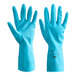 A pair of blue rubber gloves with a rubber wrist and flock lining.