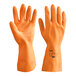 A pair of orange neoprene and latex gloves with a close-up of a glove.