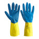 A pair of blue and yellow neoprene and latex gloves with a flock lining.