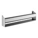 A rectangular stainless steel shelf with a white strip.